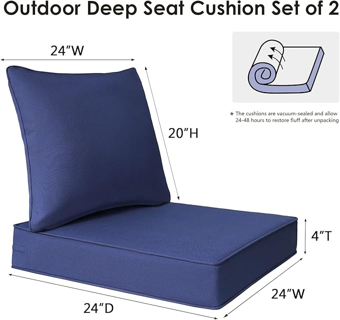 Outdoor Patio Chair Cushions Set, 24" x 24", Set of 2, Water-Repellent, Fade Resistant, Deep Seat Bottom and Back Cushion for Backyard, Couch, Sofa and Patio Furniture, Navy