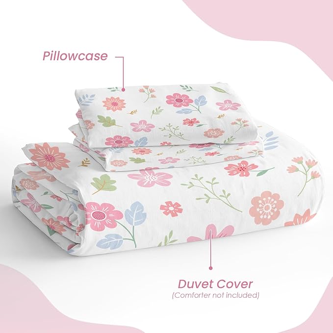 SANDJEST Floral Duvet Cover Sets Full Size for Kids Girls, Incude 1 Polyester Comforter Cover 80x90 Inches and 2 Pillowcases 20x26 Inches, Comforter Not Included, Gift for Christmas Birthday