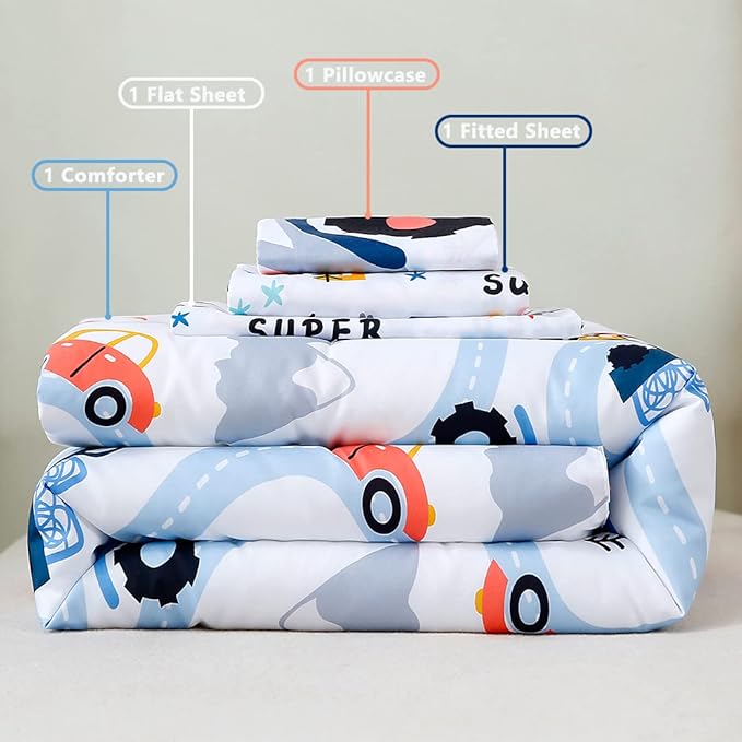 PERFEMET Cars Boys Comforter Set Twin Size 4 Pieces Reversible Truck Kids Bedding Set Soft Microfiber Vehicles Teen Boy Bed in a Bag with Sheets for All Season Use(White, Twin)