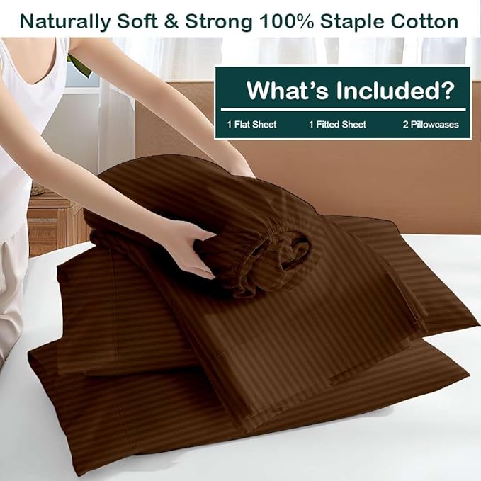 NON Sticky cotton Queen Size Sleeper Sofa Sheets, 4 Piece Egyptian Cotton Bed Sheet Set for Sofa Bed, 6" Deep Pocket Fitted Sheet for Pull Out Couch Mattress, 60" x 75", Chocolate Stripe