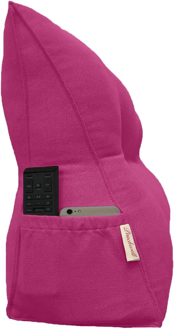 Triangular Reading Bed Rest Pillow Large Bolster Cushion Headboard Backrest Wedge Pillow with Removable Cover and Two Large Side Pockets (Magenta, 47 x 8 x 20 inches)