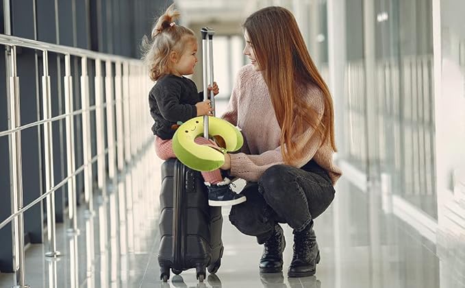 Niuniu Daddy Neck Pillow for Kids Teen Toddlers, Travel Accessories for Airplane, Car, Recline, Neck Chin Head Support, 100% Pure Memory Foam Insert, Cute Plush Travel Pillow Cover Washable - Avocado