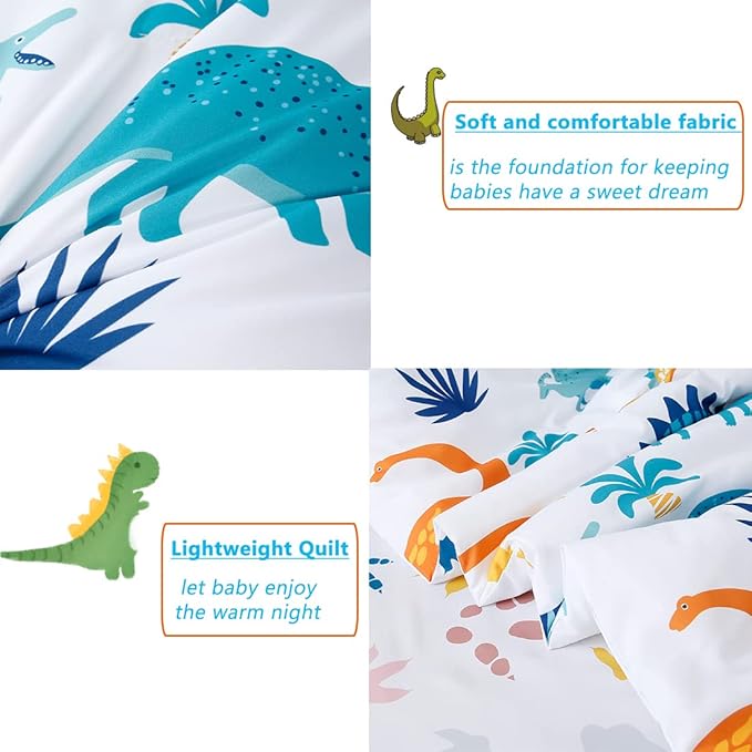 PERFEMET 4 Pieces Toddler Bedding Set Cartoon Dinosaur Print Comforter Sheet Set for Boys Microfiber Soft Toddler Comforter Set Includes Comforter, Flat Sheet, Fitted Sheet and Pillowcase, Colorful