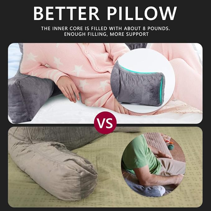 Neustern Reading Pillow for Sitting in Bed Adult, Back Pillow for Bed Shredded Memory Foam Chair Pillow with Arms and Pockets, Backrest and Support with Washable Cover for Watching TV/Gaming/Relaxing