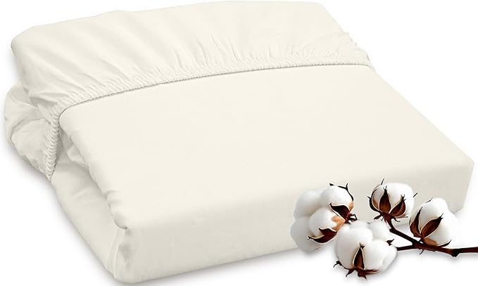 ROYALE LINENS 300 Thread Count 100% Long Staple Combed Cotton Fitted Sheet Twin - Super Soft Deep Pocket Bottom Sheet - Fitted Sheets Only - Elastic Sheets (Twin, Cream)