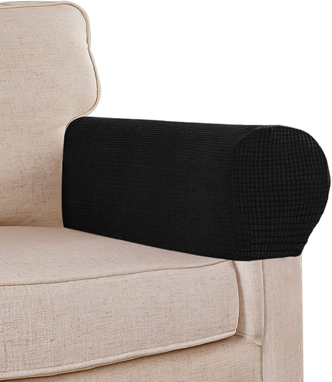 Stretch Sofa Arm Covers Spandex Jacquard Anti-Slip Couch Armrest Protector for Sofa Couch Chair Recliner, Set of 2, Black