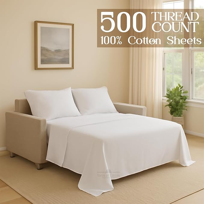 Sleeper Sofa 4 Piece Bed Sheet Set Premium Quality 100% Cotton 500 Thread Count, Smooth & Super Soft Sateen Weave, Extra Soft Bed Sheets, Wrinkle Free, 8 Inch Deep Pocket (Twin, White)