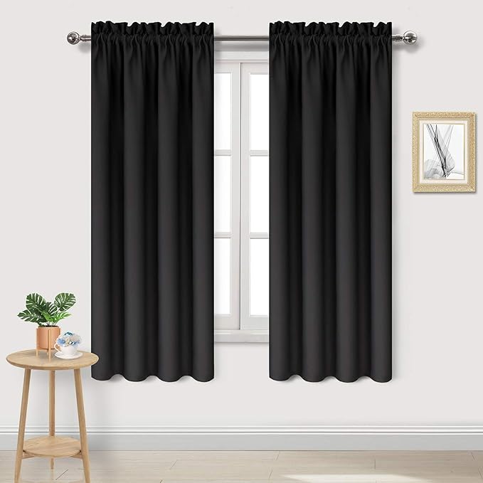 DWCN Blackout Curtains for Bedroom - Thermal Insulated Privacy Energy Saving Rod Pocket Drapes for Living Room, W 38 x L 72 Inch, Black, Set of 2