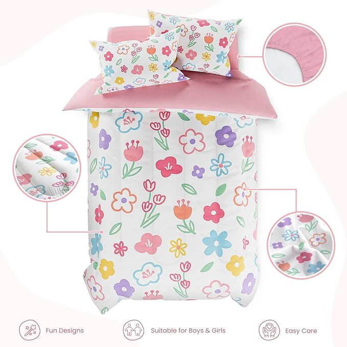 SANDJEST Floral Full Bedding Sets for Girl, Ultra Soft Microfiber Comforter Bed Set with 4-Pieces, Flower Comforters Sets for Kids Children Girl Teen Tween Bedroom Decor