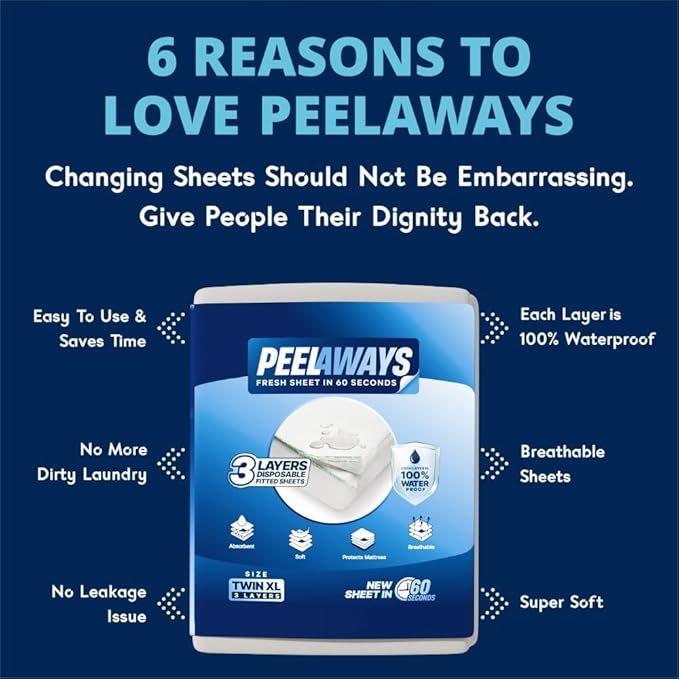 Peelaways Waterproof Disposable Bed Sheets – As Seen On Shark Tank | 3-Layer Absorbent Wellness Sheets for Elderly, Homecare, Hospital Use and Travel