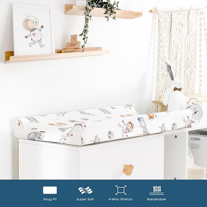 GRSSDER Stretch Ultra Soft Jersey Knit Changing Pad Cover Set 2 Pack, Change Table Pad Covers Fit 32"/34" x 16" Pads Safe and Snug, Space Print for Boys and Girls