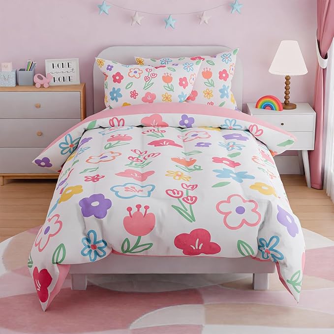 SANDJEST Floral Full Bedding Sets for Girl, Ultra Soft Microfiber Comforter Bed Set with 4-Pieces, Flower Comforters Sets for Kids Children Girl Teen Tween Bedroom Decor
