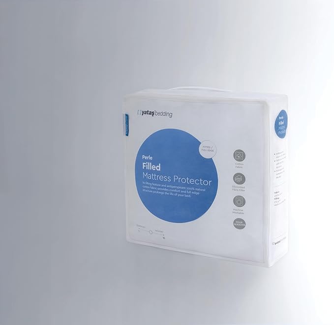 YATAS BEDDING Perle Quilted Fitted Mattress Protector, Machine Washable and Easy Care, Superior Protection and Comfort,100% Cotton Breathable top, White (Full) - 55"x75" - 14" Deep Pocket