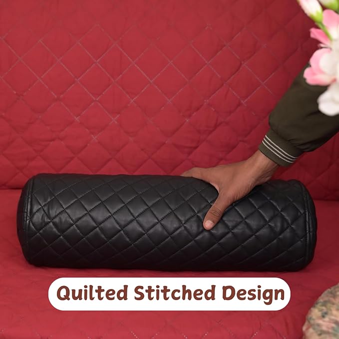 Neck Roll Pillow Cushion Cover, 20x6 Inch Full Moon Round Bolster Pillow Case, Cylinder Soft Lambskin Leather Pillowcase for Head, Spine & Neck Support During Sleep - Quilted Black Pack of 2
