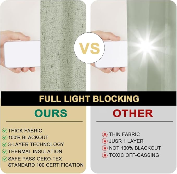 PrinceDeco Blackout Curtains 108 Inches Long 2 Panels 100% Blackout Linen Textured Curtains for Bedroom Extra Long Drapes for Living Room Thermal Insulated with White Liner，52 x 108 Inch,Sage