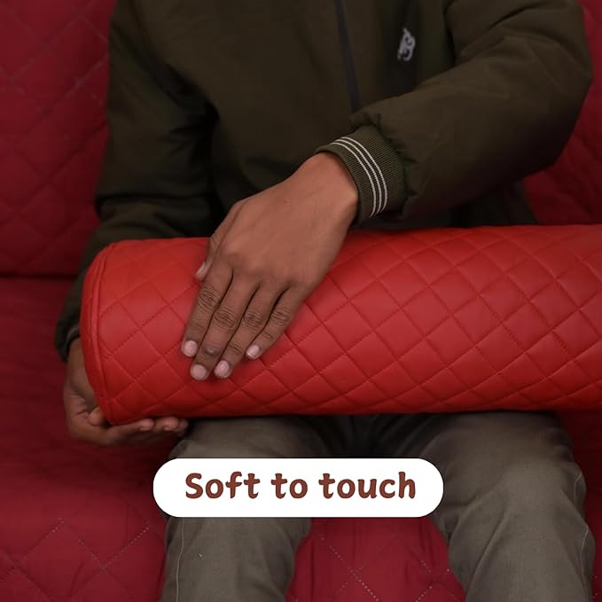 Neck Roll Pillow Cushion Cover, 22x6 Inch Full Moon Round Bolster Pillow Case, Cylinder Soft Lambskin Leather Pillowcase for Head, Spine & Neck Support During Sleep - Quilted Cherry Red Pack of 1