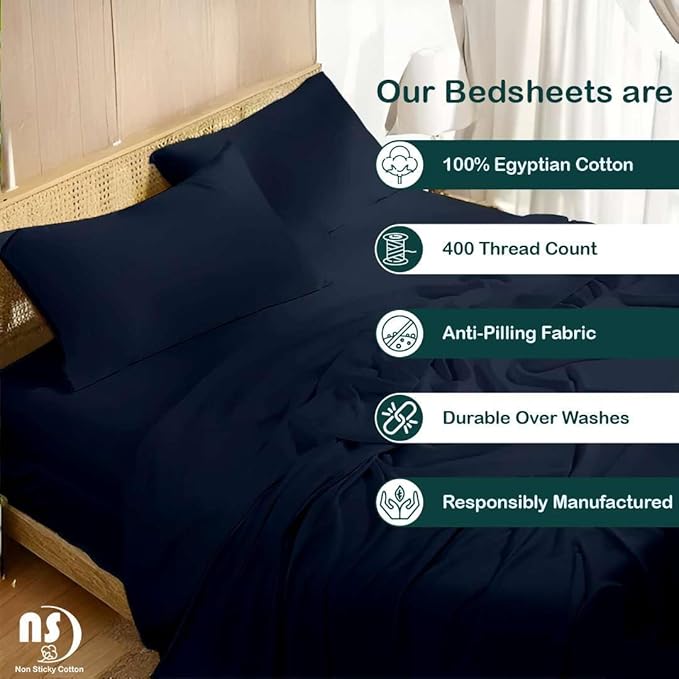 NON Sticky cotton Full Size Sleeper Sofa Sheets, 4 Piece Egyptian Cotton Bed Sheet Set for Sofa Bed, 8" Deep Pocket for Pull Out Couch Mattress, 54" x 75", Navy Blue Solid, Soft & Breathable