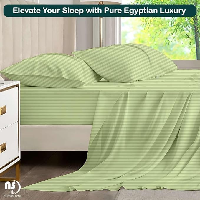 NON Sticky cotton Full Size Sleeper Sofa Sheets, 4 Piece Egyptian Cotton Bed Sheet Set for Sofa Bed, 7" Deep Pocket for Pull Out Couch Mattress, 54" x 75", Sage Stripe, Soft & Breathable