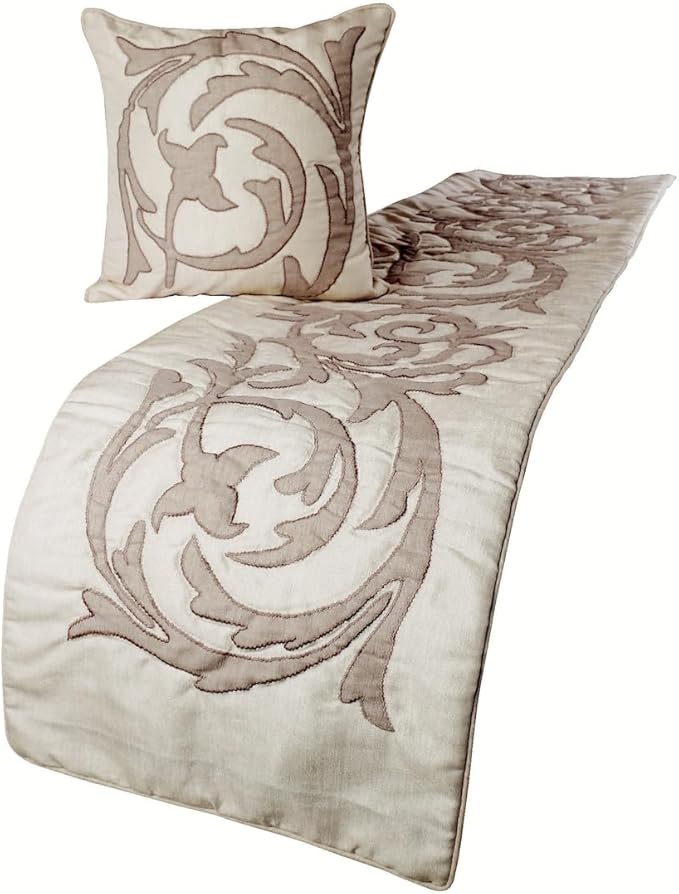 The HomeCentric Decorative Ivory & Beige CA King 86 x 18 inch Bed Runner with Pillow Cover, Linen Lurex Applique Bed Scarf, Abstract Modern - Pretty Dainty