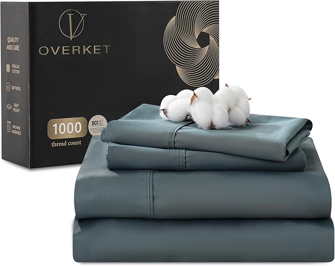 100% Egyptian Cotton Sheets Cal King Sheet Set 1000 Thread Count Sateen Weave Soft Breathable 16-Inch Deep Pocket 4PCS（California King,Lake Blue）