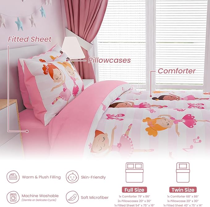SANDJEST Ballet Full Bedding Sets for Girls, Ultra Soft Microfiber Comforter Set with 4-Pieces, Comforters Kids Bed Set for Children Teen Tween Bedroom Decor