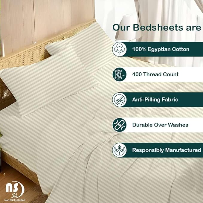 NON Sticky cotton Twin Size Sleeper Sofa Sheets, 4 Piece Egyptian Cotton Bed Sheet Set for Sofa Bed, 6" Deep Pocket Fitted Sheet for Pull Out Couch Mattress, 39" x 75", Ivory Stripe, Soft & Breathable