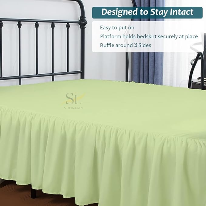 Shreem Linen Ruffled Bed Skirt with Split Corners, Gathered Style, 100% Microfiber, 28-Inch Drop, Dust Ruffle Bedskirt with Platform, Queen, Sage