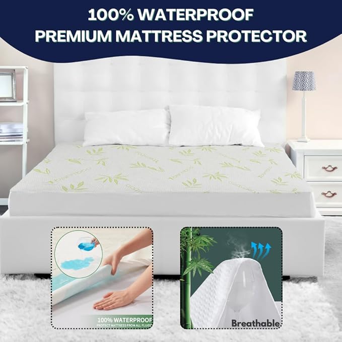 Bamboo Cooling Mattress Protector with Zipper - 100% Waterproof Twin Size Mattress Cover - Ultra Soft Jacquard Fabric Breathable Noiseless Mattress Pad Covers - Zippered Mattress Encasement