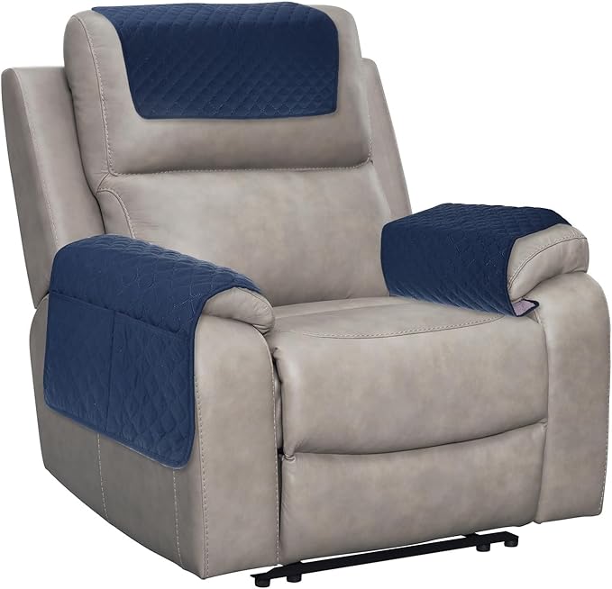 uxcell 3 PCS Armrest Covers, Couch Arm Cover Furniture Protect Slide Recliner Chair Armchair Covers with Side Storage Pocket for Sofa Recliner, Navy