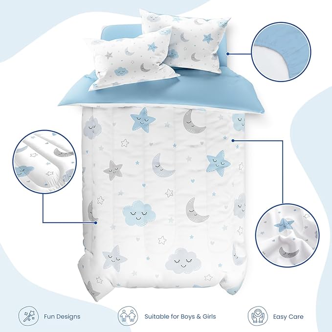 SANDJEST Star and Moon Comforter Set Twin Size 68x86in for Kids Boys Girls Unisex, Microfiber 3 Pcs Bedding Set Includes 1 Comforter, 1 Pillowcase, 1 Fitted Sheet, Nursery Room Decor