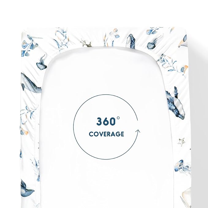 GRSSDER Stretch Ultra Soft Jersey Knit Changing Pad Cover Set 2 Pack, Change Table Pad Covers Fit 32"/34" x 16" Pads Safe and Snug, Sea Fish Print for Girls and Boys