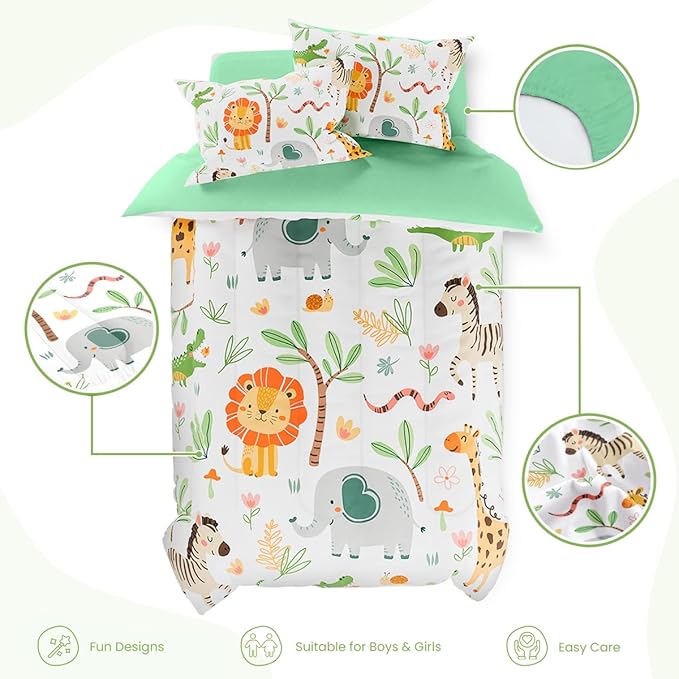Jungle Animal Kids Bedding Set for Boys Girls, Ultra Soft Microfiber Comforter Set Full Size 4-Pieces, Comforters Bed Sets for Kid Tween Teen Bedroom Decor