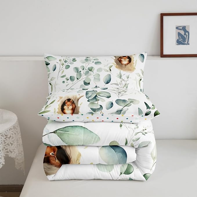 Erosebridal Kawaii Squirrel King Size Comforter Set for Boys Girls Cartoon Animal Bedding Set, Eucalyptus Leaves Down Comforter Jungle Wildlife Bed Set, Tropical Botanical Plants Quilted Duvet