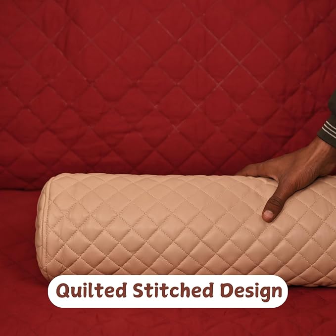 Neck Roll Pillow Cushion Cover, 18x5 Inch Full Moon Round Bolster Pillow Case, Cylinder Soft Lambskin Leather Pillowcase for Head, Spine & Neck Support During Sleep - Quilted Beige Pack of 2