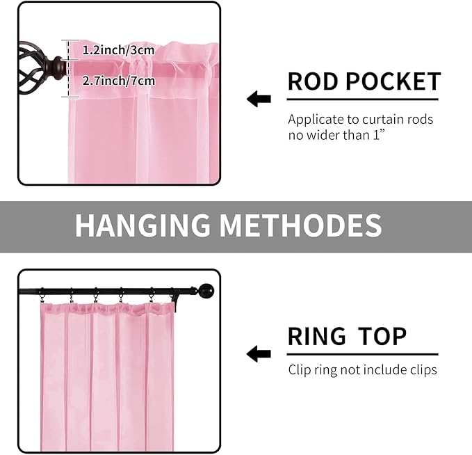 Sheer Curtains 54 Inches Long 2 Panels, Rod Pocket Short Curtain for Kitchen, Bedroom, Cafe Window(Pink 38" W x 54" L)