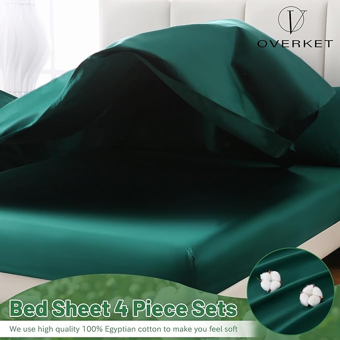 100% Egyptian Cotton Sheets King Size 4PCS 1000 Thread Count Sateen Weave Soft Breathable 16-Inch Deep Pocket （King,Dark Green）