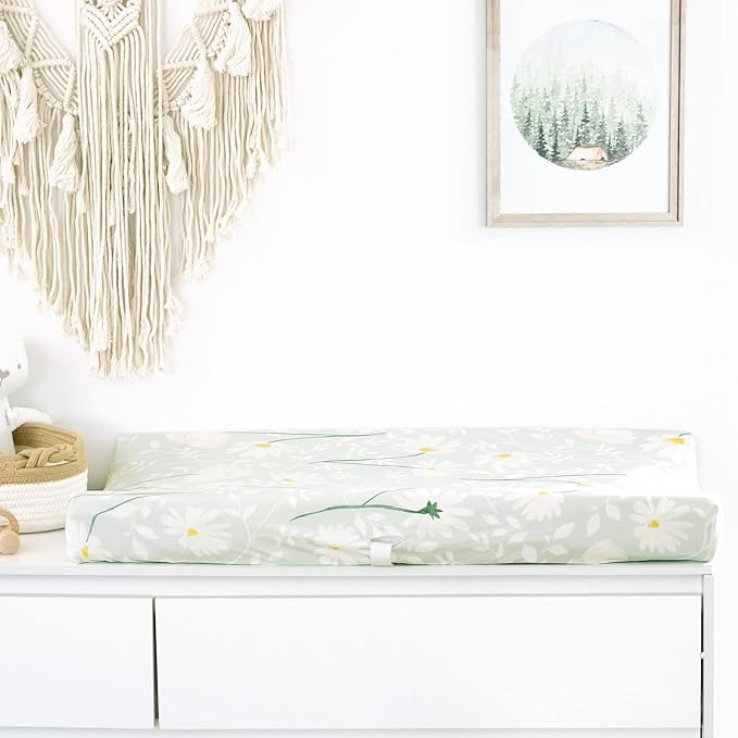 GRSSDER Stretch Ultra Soft Jersey Knit Changing Pad Cover Set 2 Pack, Change Table Pad Covers Fit 32"/34" x 16" Pads Safe and Snug, Pretty Watercolor Daisy Flowers for Baby Girls