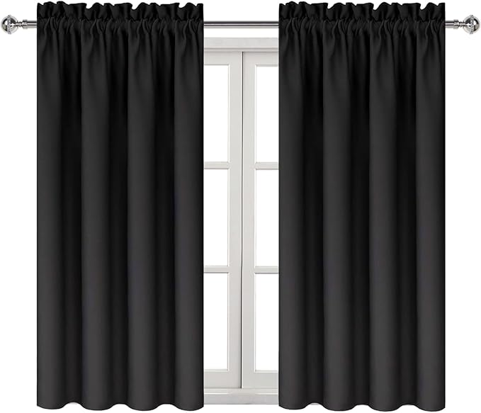 DWCN Blackout Curtains Thermal Insulated Energy Saving Bedroom and Kitchen Curtains Window Treatments, W 38 x L 45 Inch, Set of 2 Black Rod Pocket Drapes