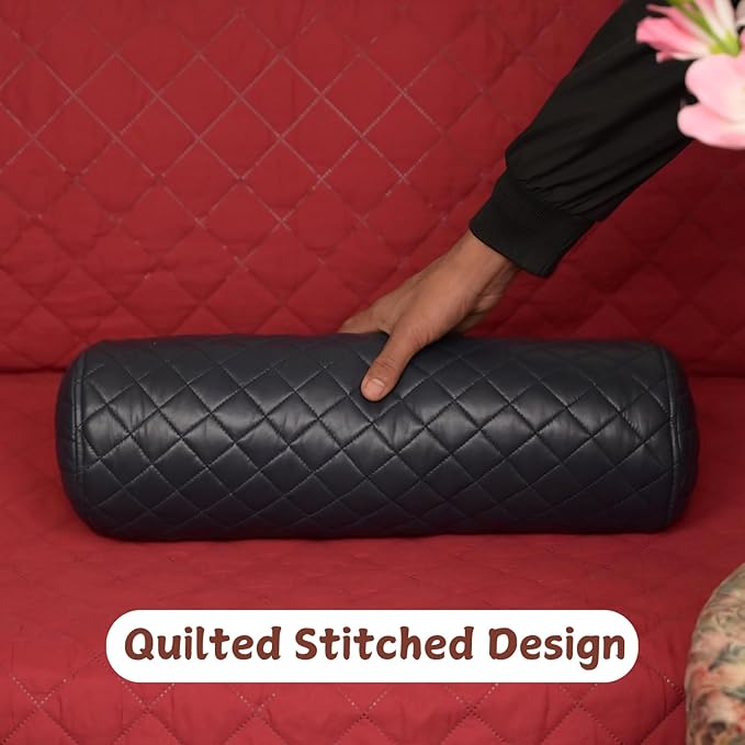 Neck Roll Pillow Cushion Cover, 16x5 Inch Full Moon Round Bolster Pillow Case, Cylinder Soft Lambskin Leather Pillowcase for Head, Spine & Neck Support During Sleep - Quilted Gun Metal Blue Pack of 1