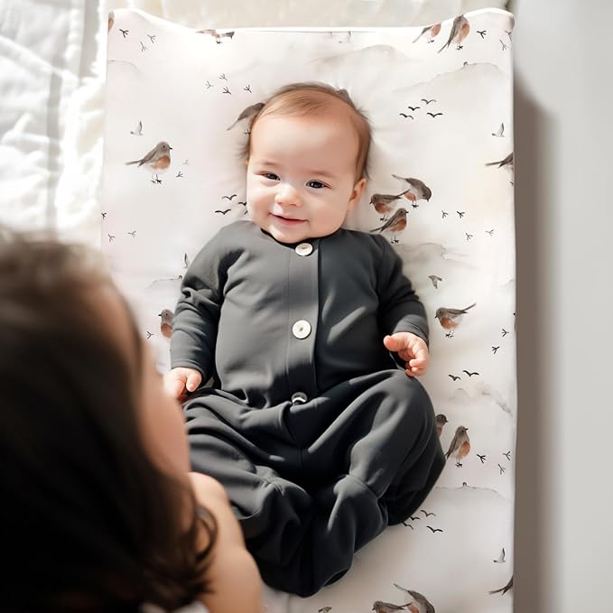 GRSSDER Stretch Ultra Soft Jersey Knit Changing Pad Cover Set 2 Pack, Change Table Pad Covers Fit 32"/34" x 16" Pads Safe and Snug, Cute Watercolor Cows and Birds Print for Boys and Girls