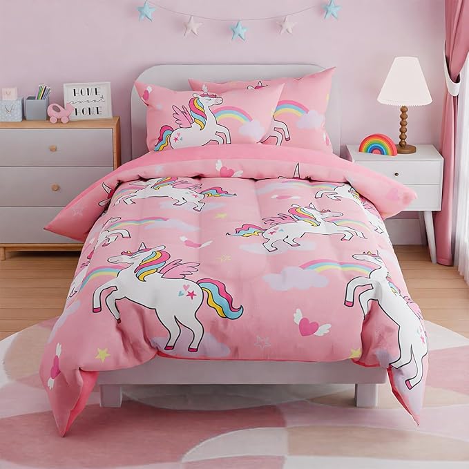 SANDJEST Unicorns Bedding Full Set for Girls Kids Children, Ultra Soft Microfiber Comforter Set with 4-Pieces, Comforters Bed Sets Bedroom Decor
