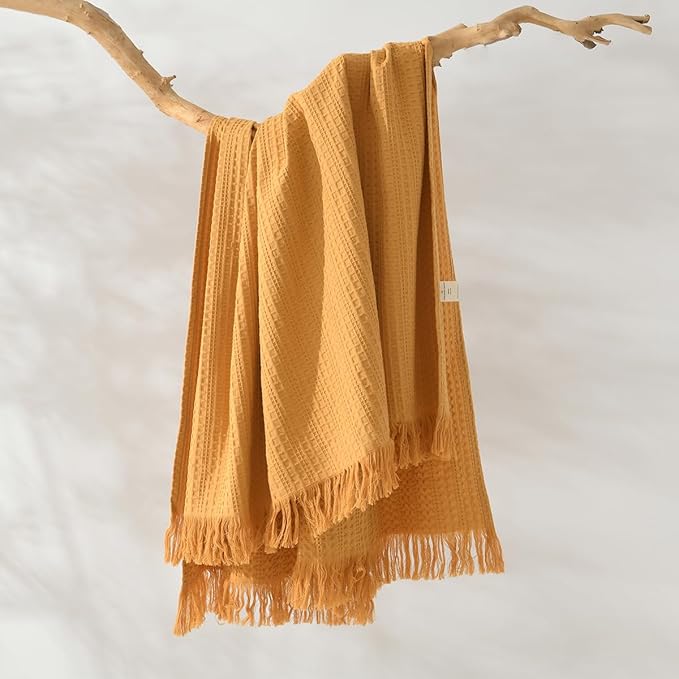 100% Cotton Waffle Blanket with Fringe, Pre-Washed Waffle Weave Blanket for All Season, Lightweight Breathable Soft Cozy Throw Blanket for Couch, Bed, Travel (Mustand Yellow - 66x90 Inches)