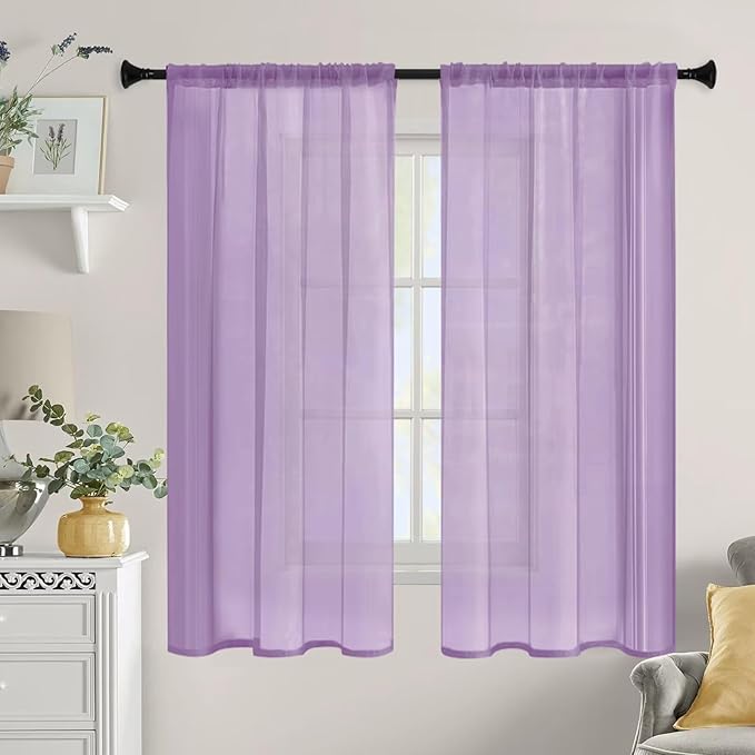 Sheer Curtains 84 Inches Long 2 Panels, Rod Pocket Short Curtain for Kitchen, Bedroom, Cafe Window(Lavender 38" W x 84" L)