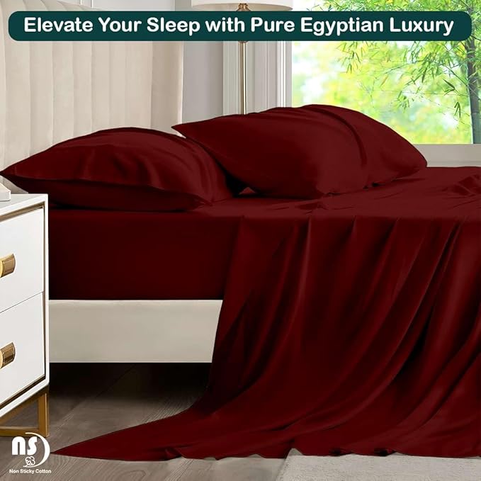 NON Sticky cotton Queen Size Sleeper Sofa Sheets, 4 Piece Egyptian Cotton Bed Sheet Set for Sofa Bed, 10" Deep Pocket for Pull Out Couch Mattress, 60" x 75", Burgundy Solid, Soft & Breathable
