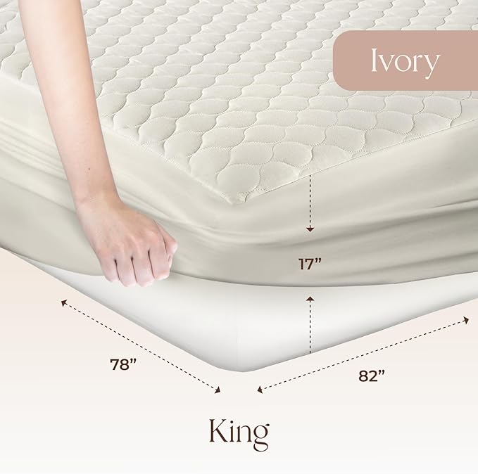 100% Cotton Organic Mattress Pad - Breathable & Cooling Mattress Protector King Size - Premium 300GSM Quilted and Noiseless Machine Washable Organic Mattress Protector (Ivory, King)