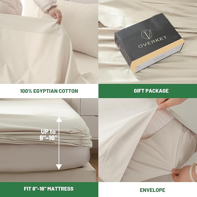 100% Egyptian Cotton Sheets Cal King Sheet Set 4PCS 1000 Thread Count Sateen Weave Soft Breathable 16-Inch Deep Pocket（California King,Linen）