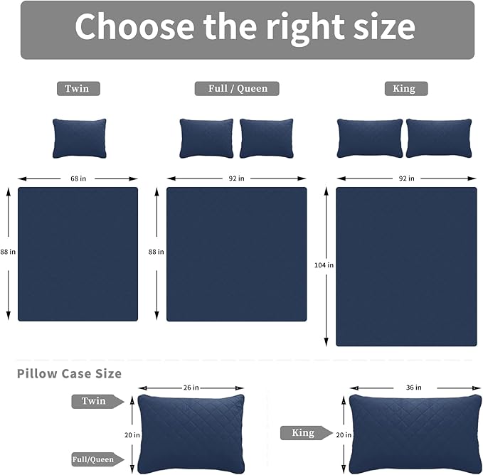 Easy-Going King Size Reversible Quilt Set with 1 Quilt and 2 Pillow Shams, Soft Bed Quilt Cover, Water Resistant Lightweight Microfiber Bedspread, Stain Resistant, Dark Blue/Light Blue