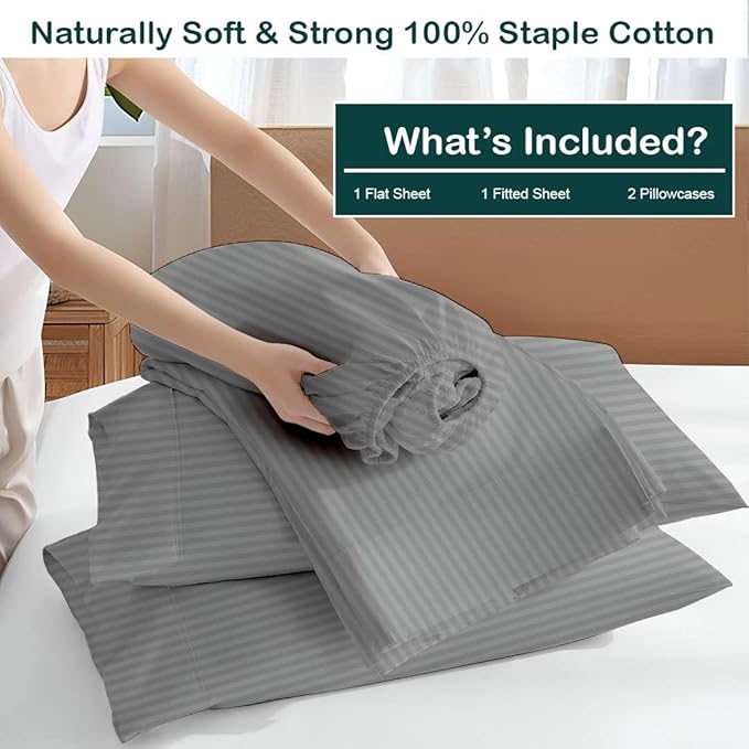NON Sticky cotton Full Size Sleeper Sofa Sheets, 4 Piece Egyptian Cotton Bed Sheet Set for Sofa Bed, 6" Deep Pocket Fitted Sheet for Pull Out Couch Mattress, 54" x 75", Light Grey Stripe