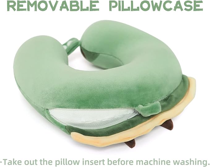 Niuniu Daddy Dinosaur Kids Travel Neck Pillow Road Trip Essentials for 3-8 Years Old, Memory Foam Dino Portable Pillow for Airplane Travel Essentials, Green Triceratops Cervical Pillow for Boys Girls