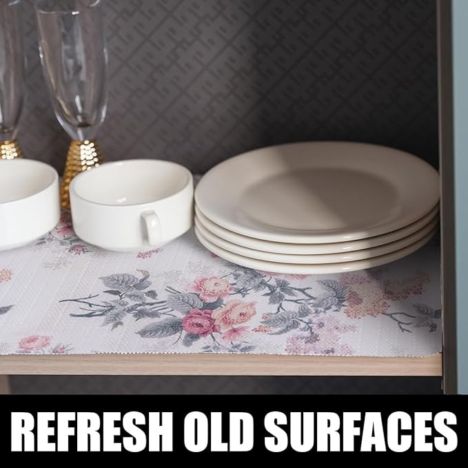 Drawer and Shelf Liner for Cabinets, 12IN x 20FT Non-Adhesive and Strong Non-Slip Vintage Floral Shelf Cabinet Drawer Liners for Kitchen,Table,Bookshelves,Waterproof Cupboard Liners